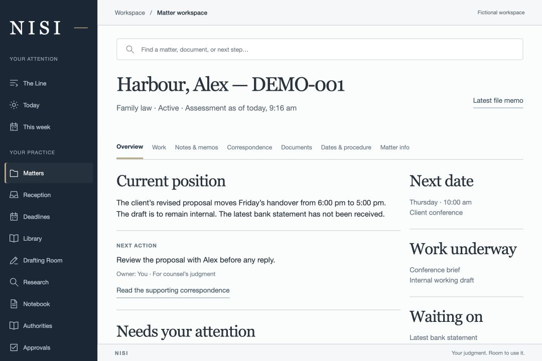 NISI Matter workspace interface with fictional Harbour matter data